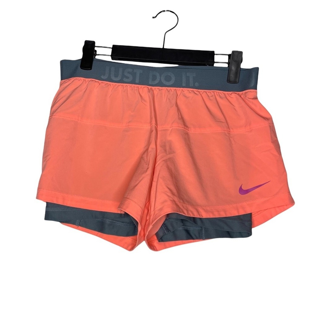 Nike Dri-FIT 2-in-1 Running Shorts Coral Orange Gray Just Do It Womens Small